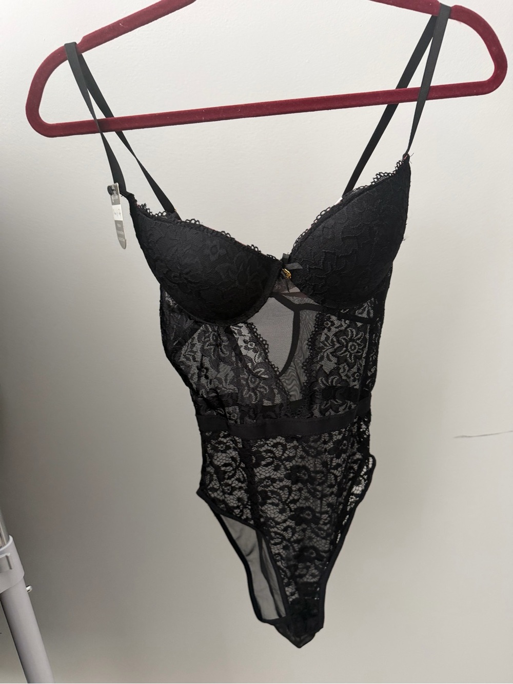 Daisy Fuentes Black Lace/Mesh Push-up Underwire Sheer Bodysuit/Teddy Size Medium
